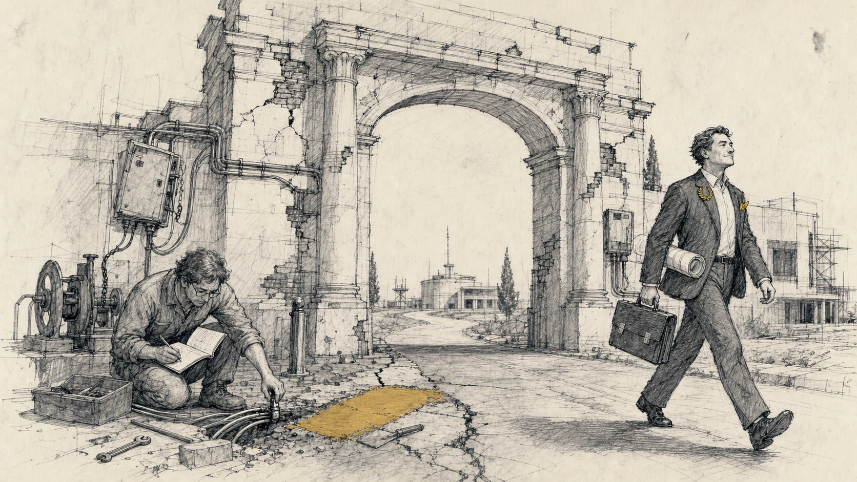A departing specialist walks confidently beyond a worn institutional gate while an employee remains behind repairing the road and maintaining its machinery