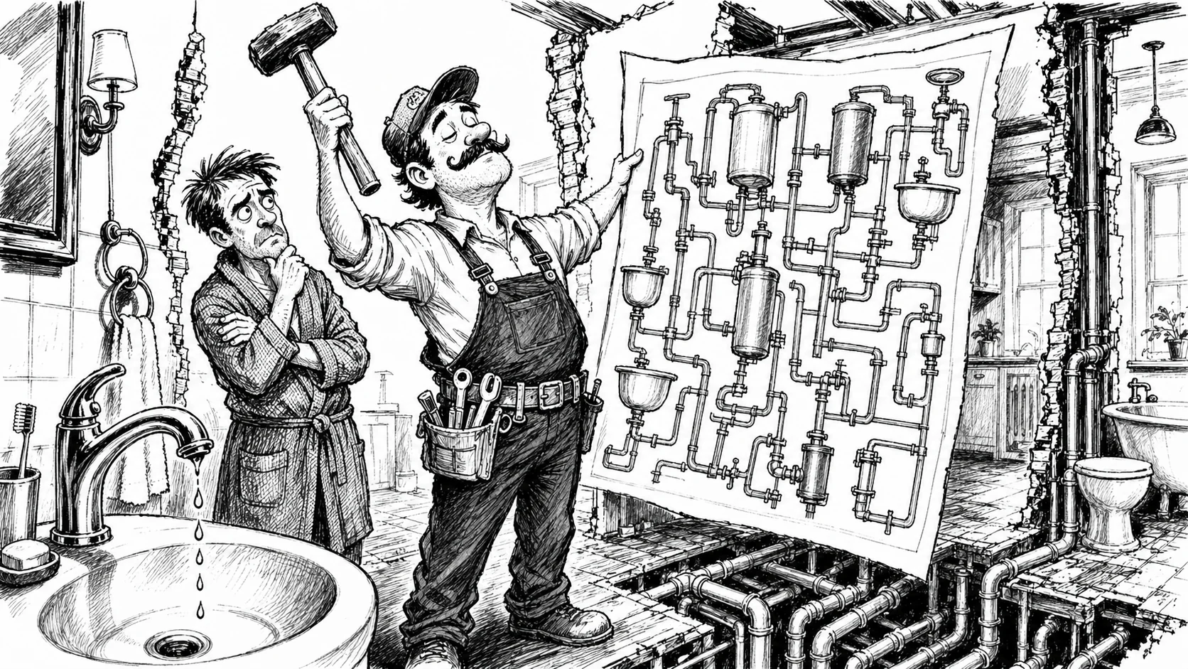 Black-and-white caricature of a plumber proposing an elaborate apartment reconstruction while a single faucet drips